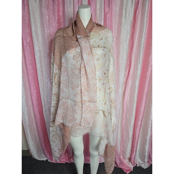 Jessica Simpson Peach Gold Floral Paisle Flower Semi-Sheer Wrap Shawl Scarf - Picture 1 of 9